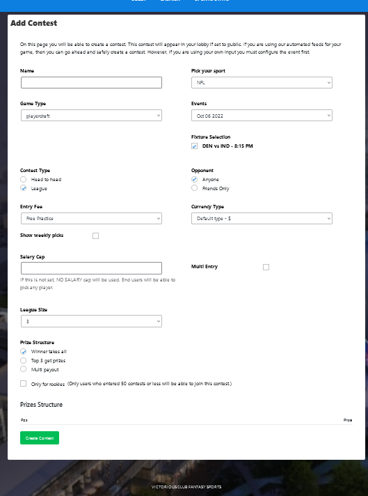 Victorious Club Create Contest Page